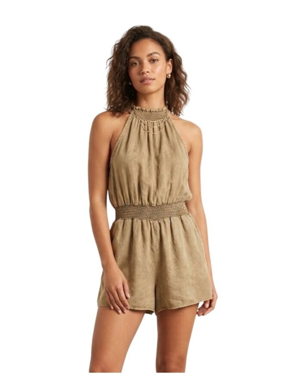 Bella Dahl Halter Romper XS Smocked Sleeveless Elastic Waist Khaki Summer Wear